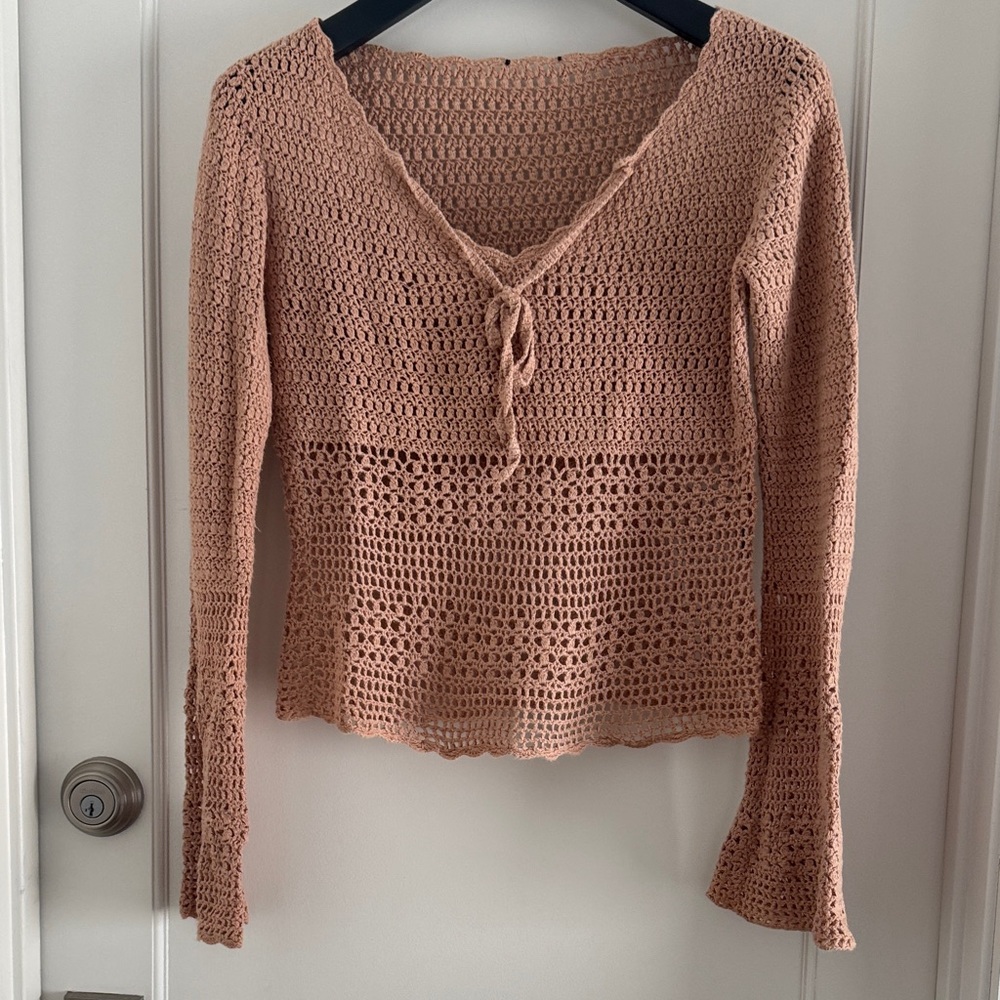 Women's Peach Crochet Tie-Front Long Sleeve Top - Small